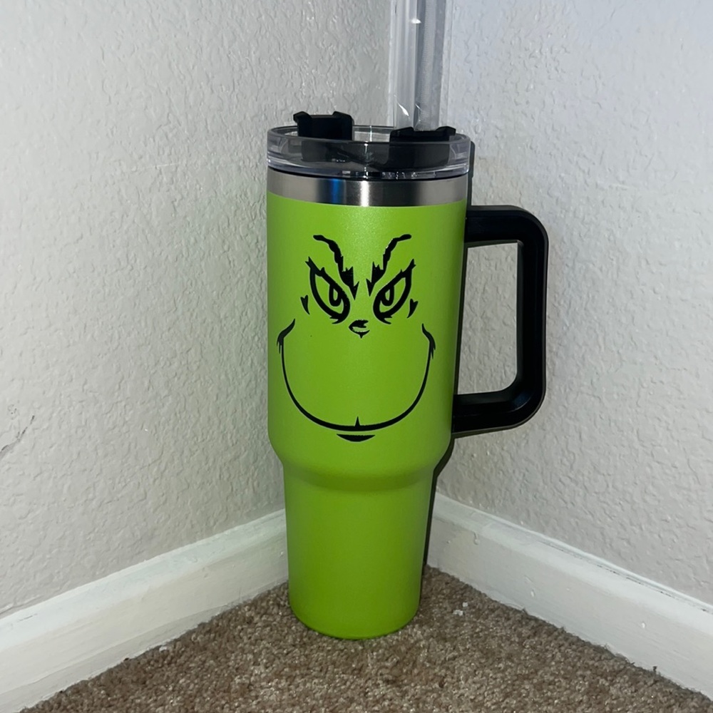 Stanley style Grinch tumbler and straw